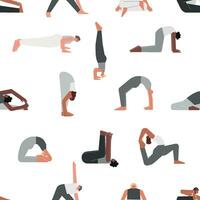 Vektor nahtlos Muster mit Fitness Posen. eben einfarbig isoliert Sammlung mit hispanisch, afrikanisch amerikanisch und europäisch Frauen Herstellung Yoga Übungen mögen Asanas, Dehnung Ausbildung