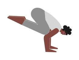 vektor isolerat illustration med platt kvinna kropp positiv karaktär. sportigt afrikansk amerikan kvinna lär hållning bakasana på yoga klass. kondition övning - kran utgör