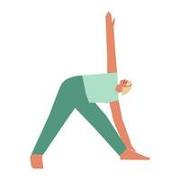 vektor isolerat illustration med platt kvinna karaktär. sportigt kvinna lär förstärkning hållning utthita trikonasana på yoga klass. kondition övning - utökad triangel utgör