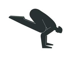 Vektor isoliert Illustration mit eben schwarz Silhouette von weiblich Charakter. sportlich Frau lernt Yoga Haltung Bakasana. Fitness Übung - - Kran Pose. minimalistisch Design auf Weiß Hintergrund