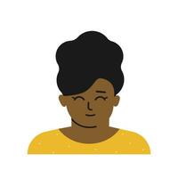 vektor platt isolerat illustration med porträtt av tecknad serie karaktär. avatar av liten afrikansk amerikan flicka med brunett lockigt hår, mörk hud. söt nigerian flicka är leende. vit bakgrund