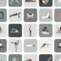 vektor sömlös mönster yoga poserar. platt svartvit illustrerade samling på fyrkant form med asiatisk, afrikansk amerikan och caucasian kvinnor framställning sport övningar tycka om asanas, stretching Träning