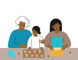 Vektor Weihnachten eben Illustration mit Kopieren Raum. mehrere Generationen afrikanisch amerikanisch Familie Köche lecker Lebkuchen Keks beim heim. Oma und glücklich wenig Mädchen schmücken Kekse, Mutter Rollen Teig