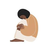 Vektor eben Konzept mit traurig afrikanisch amerikanisch Frau Sitzung und umarmen ihr Knie. Mädchen ist im deprimiert Stimmung, Bedürfnisse zu behalten mental Gesundheit. sie fühlt sich Fachmann Ausbrennen, Müdigkeit und Frustration