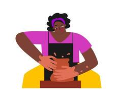 vektor platt illustration med vuxen afrikansk amerikan kvinna arbetssätt på krukmakeri hjul. Lycklig studerande lär till göra söt keramisk pott. stänga upp porträtt av bemästra i konst session. kreativ hobby