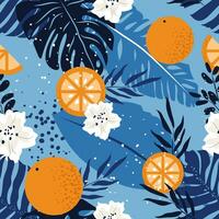 sömlös mönster med tropisk löv, apelsiner och blommor. modern exotisk design för papper, omslag, tyg, interiör dekor och etc. färgrik bricka på blå bakgrund. vektor