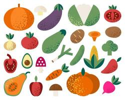 Sammlung von isoliert Gemüse und Pilze auf Weiß Hintergrund. Vektor eben Illustration. Pfeffer, Aubergine, Brokkoli, Kürbis, Avocado. gesund Lebensmittel.