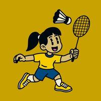 glücklich Mädchen spielen Badminton Karikatur vektor