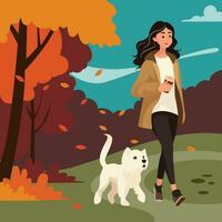 Herbst gehen im das Park mit Hund Vektor Illustration