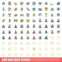 100 Urlaub Symbole Satz, Farbe Linie Stil vektor