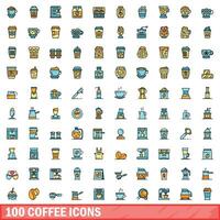 100 kaffe ikoner uppsättning, Färg linje stil vektor