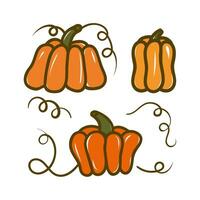 Sammlung von Orange Kürbis Vektor Illustrationen. Herbst Halloween Kürbis, Gemüse Grafik Symbol oder drucken isoliert auf Weiß Hintergrund.