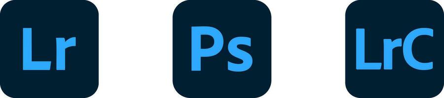 Adobe Produkte zum Korrektur Foto - - Datei Logo Satz. Photoshop, Lightroom, Lichtraum klassisch Symbole. Raster Grafik Editor Software Symbol. Vektor redaktionell Illustration
