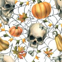 mänsklig skalle med orange pumpor, spindelnät, kransar av flaggor och höst löv. hand dragen vattenfärg illustration för halloween och dag av de död. sömlös mönster på en vit bakgrund. vektor