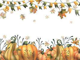 orange höst pumpor med lönn löv, flaggor krans och kvistar. vattenfärg illustration, hand ritade. sömlös styrelse på en vit bakgrund vektor