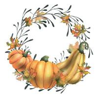 Orange Herbst Kürbisse mit Ahorn Blätter und Zweige. Aquarell Illustration, Hand gezeichnet. Kreis, runden rahmen, Kranz, Vorlage vektor