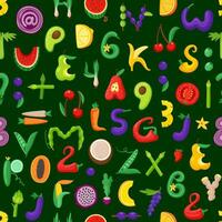 tecknad serie frukt, vegetabiliska brev, tal mönster vektor