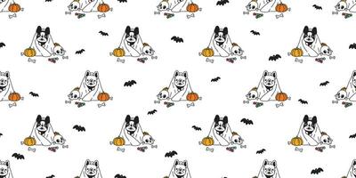 Hund nahtlos Muster Vektor Französisch Bulldogge Halloween Kürbis Schal isoliert wiederholen Hintergrund Fliese Hintergrund Karikatur Geist gespenstisch Knochen Schläger Süßigkeiten Gekritzel Illustration Design