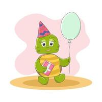 söt sköldpadda gratulationskort med ballong och presentask vektor