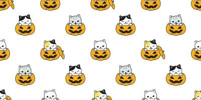 Katze nahtlos Muster Vektor Halloween Kürbis Kätzchen Kattun Schal isoliert Fliese Hintergrund wiederholen Hintergrund Karikatur Illustration Gekritzel Design