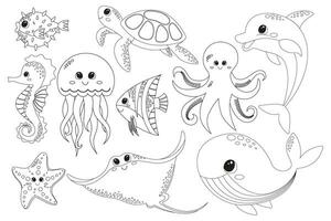 färg sida med illustration söt Lycklig hav djur för design element på vit bakgrund. delfin, val, bläckfisk, manet, stingrocka, sjöstjärna, sjöhäst, sköldpadda, alger, vatten lökar, puffer fisk vektor