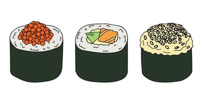 hand dragen sushi rulla ClipArt uppsättning. japansk traditionell kök maträtter. asiatisk mat vektor