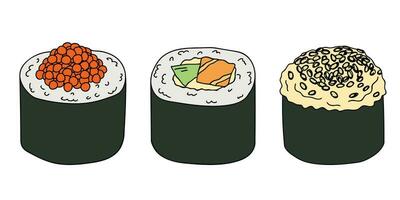 handgezeichnetes Sushi-Rollen-Clipart-Set. Gerichte der traditionellen japanischen Küche. asiatisches Essen vektor