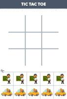 utbildning spel för barn tic tac tå uppsättning med söt tecknad serie lärare och förare bild tryckbar yrke kalkylblad vektor