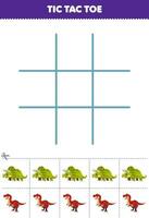 utbildning spel för barn tic tac tå uppsättning med söt tecknad serie triceratops och tyrannosaurus bild tryckbar förhistorisk dinosaurie kalkylblad vektor