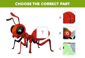 Bildung Spiel zum Kinder wählen das richtig Teil zu Komplett ein süß Karikatur Ameise Bild druckbar Fehler Arbeitsblatt vektor