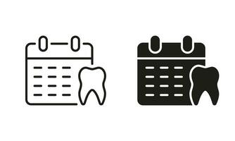 Dental geplanter Termin Silhouette und Linie Symbole Satz. medizinisch Untersuchung, Oral Hygiene Zeitplan. Zahnheilkunde unterzeichnen. Besuch Zahnarzt Datum. Dental Behandlung schwarz Symbol Sammlung. isoliert Vektor Illustration.