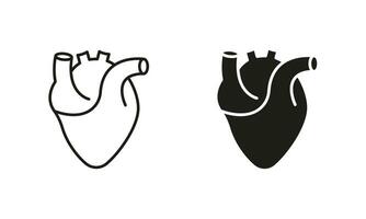 medicinsk kardiologi piktogram. friska kardiovaskulär organ symbol samling på vit bakgrund. mänsklig hjärta, hjärt- muskel linje och silhuett ikon uppsättning. isolerat vektor illustration.