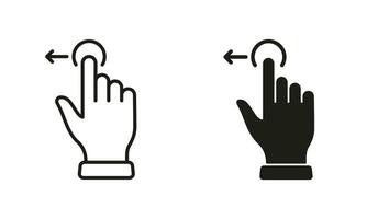 Hand Finger ziehen links und Linie und Silhouette schwarz Symbol Satz. Prise Bildschirm, wischen und drehen berühren Bildschirm Piktogramm. Geste rutschen links Symbol Sammlung. isoliert Vektor Illustration.