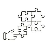verbinden Teile von Puzzle Gliederung unterzeichnen. Mensch Hand und Puzzle linear Piktogramm. Mannschaft Spiel, Puzzle Strategie Lösung Linie Symbol. Brainstorming Konzept. editierbar Schlaganfall. isoliert Vektor Illustration.