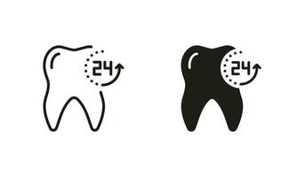 24 Std Dental Schutz Silhouette und Linie Symbole Satz. Oral Pflege, frisch Zahn Piktogramm. Zähne Hygiene, Dental Behandlung schwarz Symbol Sammlung. Zahnheilkunde unterzeichnen. isoliert Vektor Illustration.