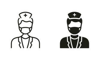 läkare specialist, ortodontist, endodontist symbol. dental läkare i ansikte mask silhuett och linje ikon uppsättning. dental kirurg tecken. tandläkare man piktogram samling. isolerat vektor illustration.