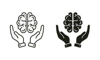 Neurologie, Psychologie Linie und Silhouette Symbol Satz. Mensch Gehirn mit Hände Piktogramm. Ausbildung, Logik Analyse, Speicher, Verstand Symbol Sammlung auf Weiß Hintergrund. isoliert Vektor Illustration.