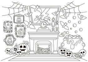 halloween mysigt inomhus- interiör av levande rum med öppen spis och fladdermus, pumplin tecken färg sida vektor