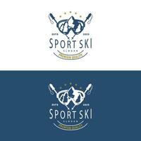 åka skidor sport logotyp, vinter- snö sporter design retro årgång vektor illustration