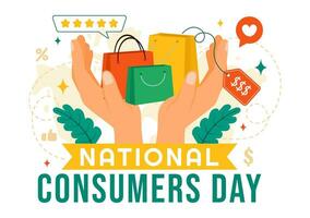 National Verbraucher Tag Vektor Illustration mit Einkaufen Wagen und Papier Tasche zum Förderung, Banner oder Poster im eben Karikatur Hintergrund Design