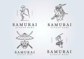 einstellen von Samurai Katana Maskottchen Linie Kunst Logo Vektor Illustration Design, ikonisch Symbol Samurai Hintergrund