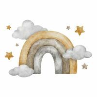 Beige Regenbogen mit Wolken und Sterne. süß Baby Aquarell Illustration. isoliert. Design zum Logo, Kinder Waren, Kleidung, Textilien, Postkarten, Baby Dusche und Kinder- Zimmer vektor