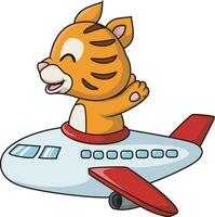 söt katt tecknad serie flygande på flygplan vektor