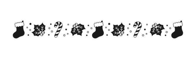 Weihnachten thematisch dekorativ Rand und Text Teiler, Weihnachten Strumpf, Süßigkeiten Stock und Mistel Muster Silhouette. Vektor Illustration.