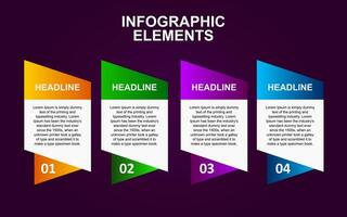 Design Infografik Elemente 4 Schritte Optionen zum Präsentationen, Poster, Grundrisse, Diagramme und Banner mit voll Farbe. vektor