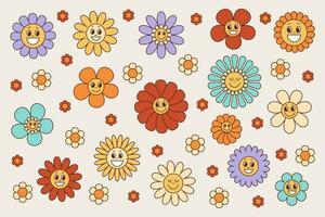 Rhetor Rille Blumen Lächeln einstellen 1970 Stil, Jahrgang Sammlung von Blumen mit Gesichter süß Kinder Aufkleber, Vektor Symbole 60