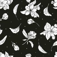 Blumen- nahtlos Muster mit Weiß Blumen auf schwarz Hintergrund. Vektor einfarbig Hintergrund mit Weiß Kirsche Blumen zum Textil- drucken, Stoff, Verpackung.