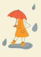 flicka i en gul täcka döljer från de regn under en röd paraply vektor illustration