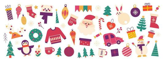 jul och ny år uppsättning. tomte, gåvor, jul träd, rådjur och festlig element. vektor trend illustration