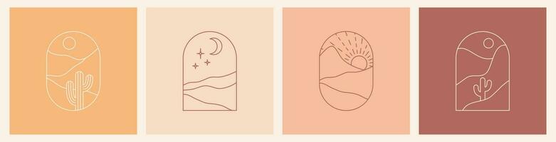 Boho Logo Landschaft mit Wüste. Kaktus, sandig Berge, Sonne und Mond. abstrakt Design Vorlagen. Vektor Bohemien einstellen im modisch Liner Stil